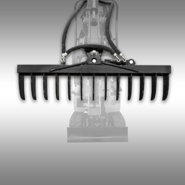 Hydraulisch zwenkbare hark Jansen MB-800 voor minigraver vooraanzicht