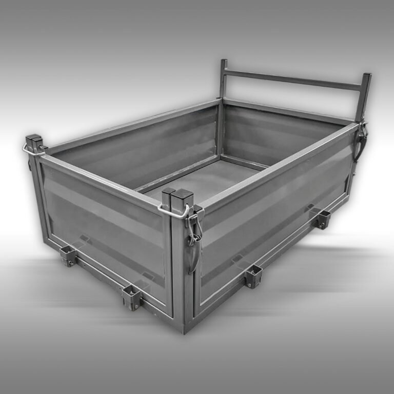 Vlakke kiepbak voor rupsdumper Jansen RD-200, RD-300 en RD-500 - schuin vooraanzicht