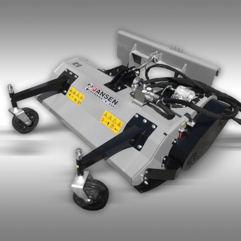 Hydraulische klepelmaaier Jansen HMM-130 in grijze kleur met zwarte details en wielen.