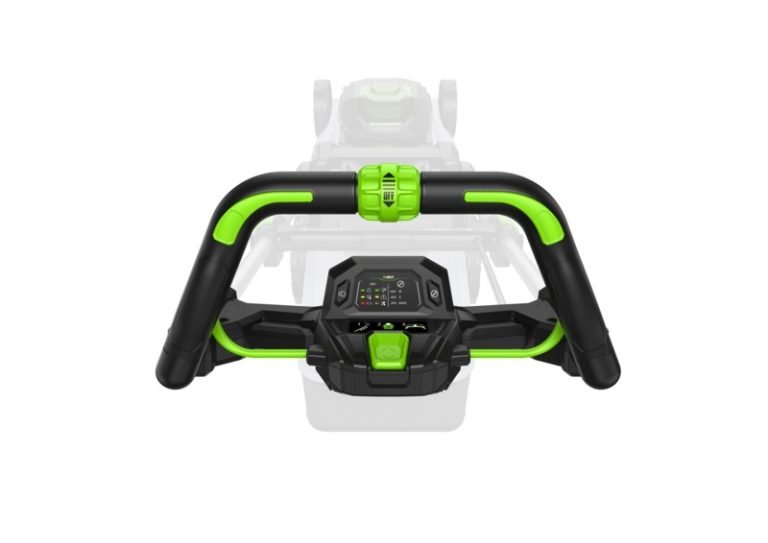 Detail van de handgreep van de 42 cm zelfrijdende grasmaaier set